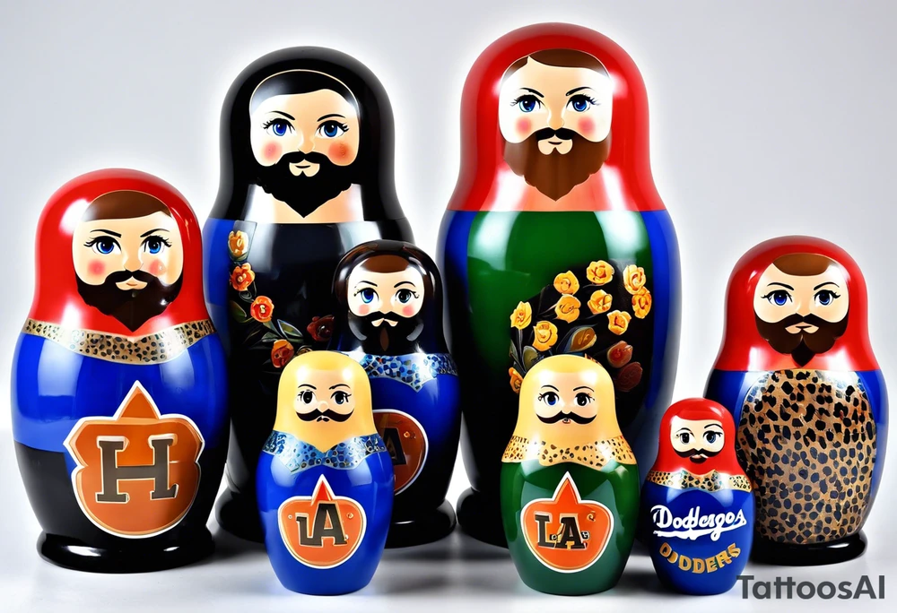Matryoshka doll family of 4. Each separate doll is designed based on their individual description. Father (biggest doll) has full beard, blue eyes, short brown hair, loves LA Dodgers. Mother (second biggest doll) has blonde bob length hair, no beard, blue eyes, thick rimmed black glasses, loves leopard print. Son is 4 years old, blue eyes, blonde spiky hair, loves Paw Patrol. Daughter is 2 years old, blue eyes, long eyelashes, short light brown bob, loves Bluey. tattoo idea