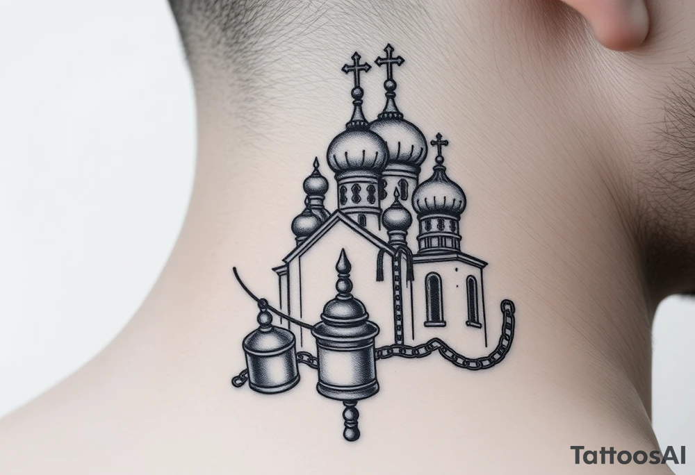 russian orthodox thurible chains with incense burning outside a russian orthodox domes church tattoo idea