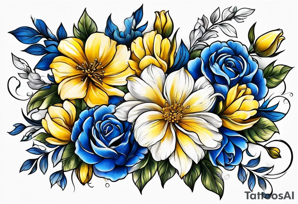 Blue white and yellow flowers arm sleeve tattoo idea