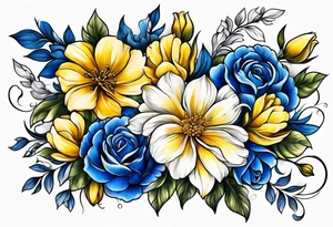 Blue white and yellow flowers arm sleeve tattoo idea