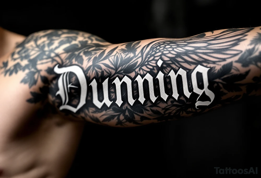 Dunning, left forearm details include angel wing, greek type of font,jungle leaves, name in white color tattoo idea