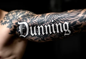 Dunning, left forearm details include angel wing, greek type of font,jungle leaves, name in white color tattoo idea