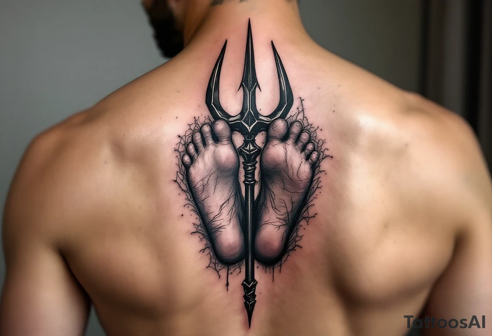 barefeet behind trident tattoo idea