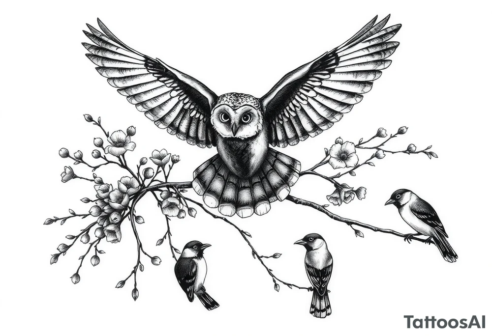 a fineline rowan tree branch with berries and florals. The florals should be large and the branches should have berries. add an owl in flight, plus two other birds (magpies) that are entwined in the branches tattoo idea