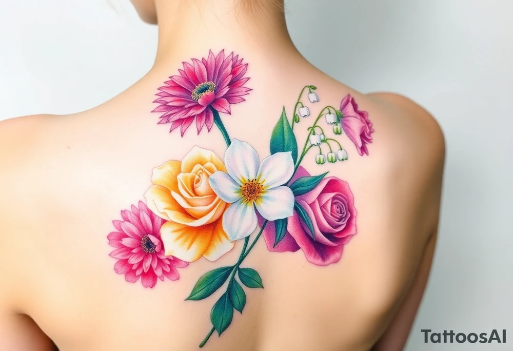 Small Bouquet of flowers starting upper middle back with stems down spine with a aster, carnation, rose, Lily of the valley, larkspur with stems Starting upper middle back to right shoulder tattoo idea