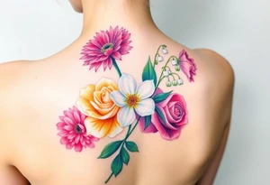 Small Bouquet of flowers starting upper middle back with stems down spine with a aster, carnation, rose, Lily of the valley, larkspur with stems Starting upper middle back to right shoulder tattoo idea