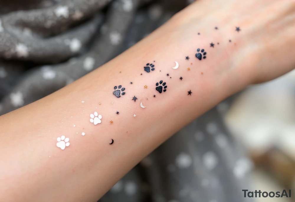 Celestial Paw Path – A trail of silver and gold paw prints with tiny crescent moons and stars between them, symbolizing a pet that watches over you from above. tattoo idea