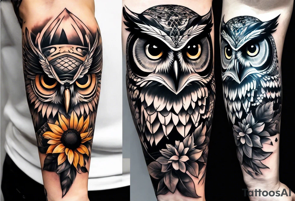 Sleeve with an owl, sunflower and butterfly tattoo idea