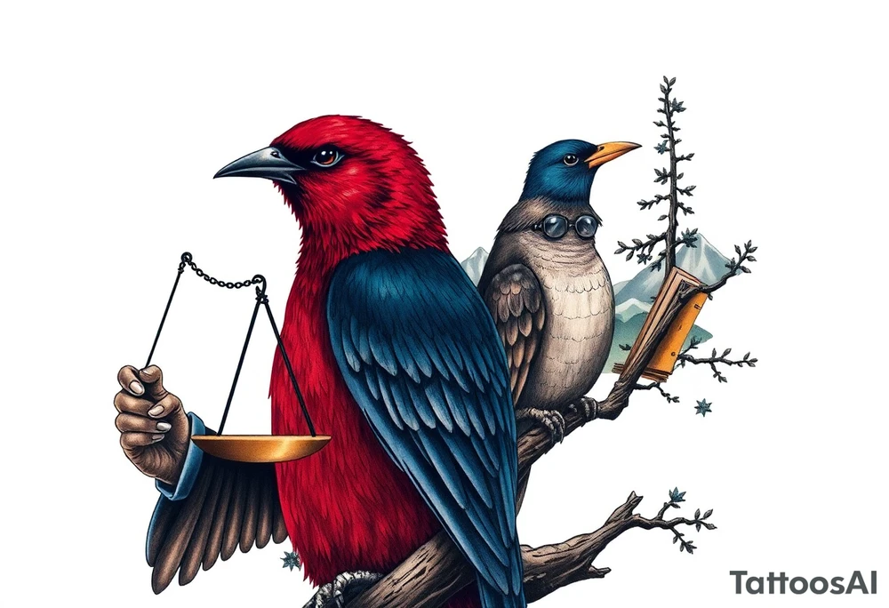 one of the birds red wearing a suit, other bird navy blue with glasses or holding a book, scales of justice built into a tree, starry night painting and mountain background tattoo idea