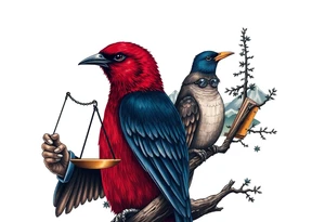 one of the birds red wearing a suit, other bird navy blue with glasses or holding a book, scales of justice built into a tree, starry night painting and mountain background tattoo idea