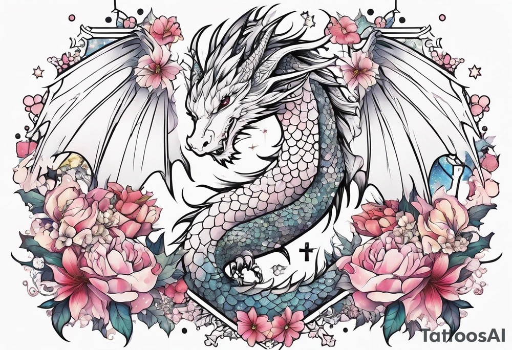 Constellation, wing , snow , cross , dragon female japan kawaii , flower tattoo idea