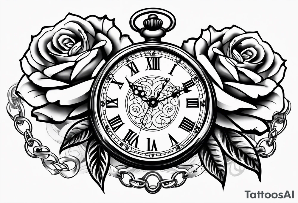 Pocket watch with chain and roses tattoo idea