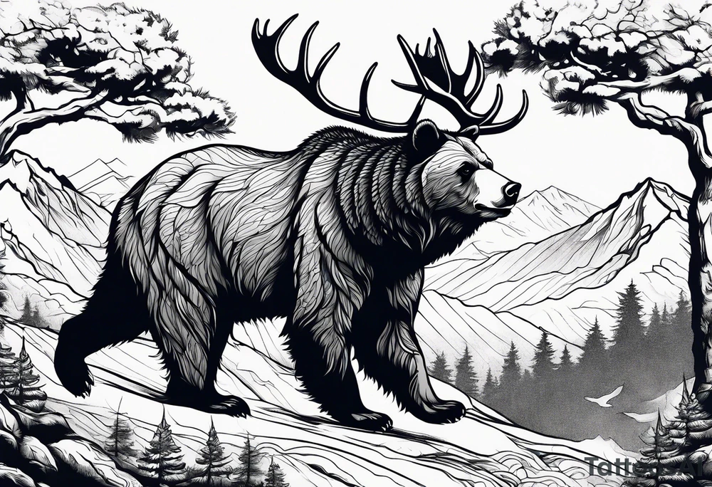 Bear in the mountains, hunting elk and deer tattoo idea