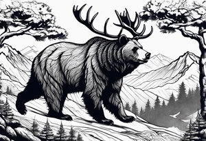 Bear in the mountains, hunting elk and deer tattoo idea
