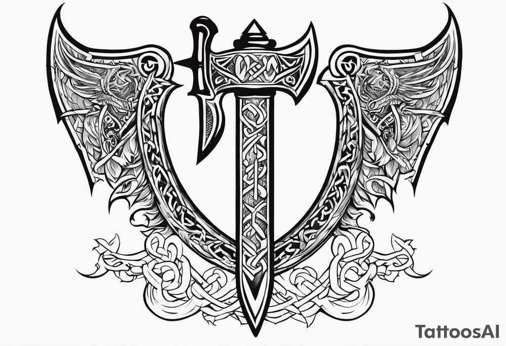 Valhalla sword dragon head axe viking church tattoo idea