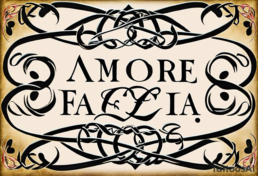 Interlocking hearts, each representing a family member, forming a continuous band around your arm.
Each heart contains the name of a family member and important dates.
The phrase "Amore e Forza" (Love and Strength) elegantly written within or around the hearts.
Additional symbols like infinity signs or Celtic knots to represent unbreakable bonds. tattoo idea