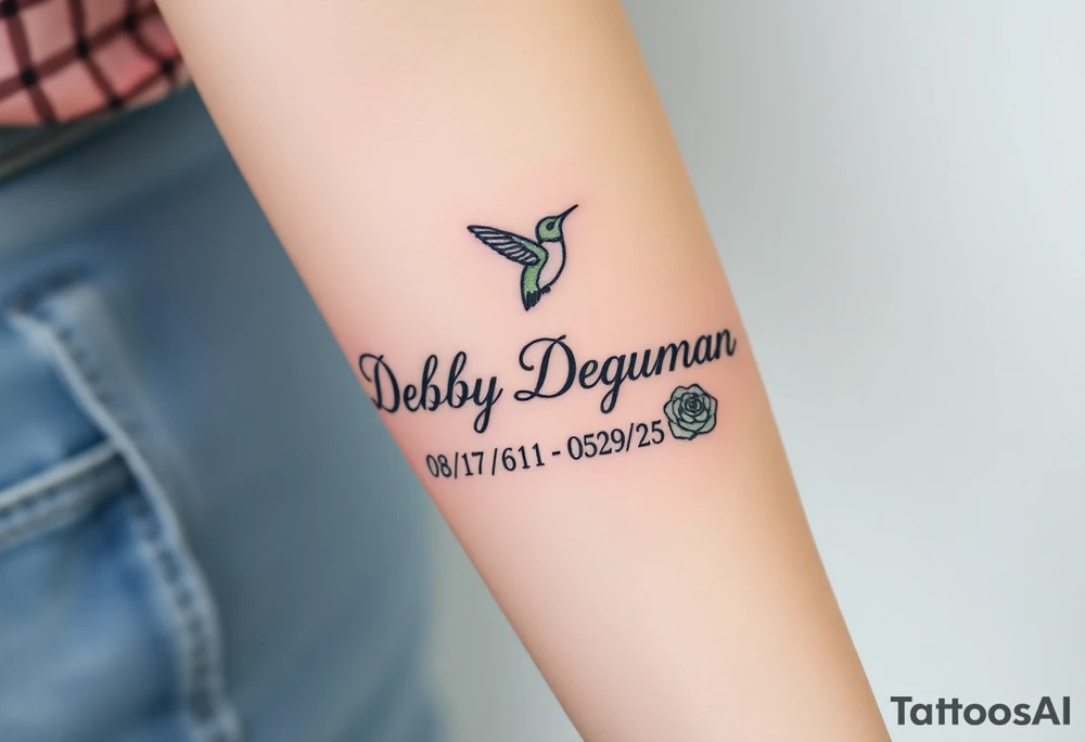Tattoo of the exact name Debby Deguzman in chunky curly cursive with the exact dates of 08/17/61-05/29/25 surrounded by 1 hummingbird and 1 rose tattoo idea