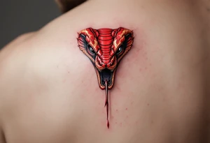 A scarlet red cobra, poised to strike, with golden hood markings and obsidian eyes. tattoo idea