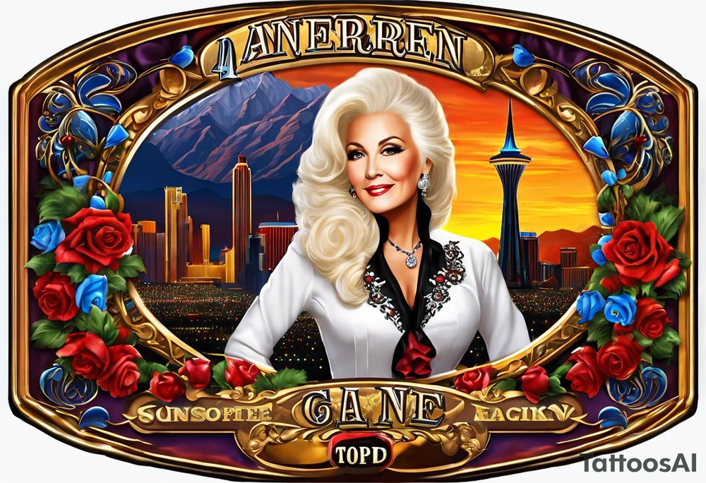 I want to create a concept for a tattoo in remembrance of my dead grandma. She loved to gamble in Las Vegas Nevada, Ruidsos New Mexico, and Albuquerque New Mexico. She played slot machines. She loved to travel and drove for work a lot. She loved Dolly Parton, Elvis Presley, George Straight, Johnny Cash, Loretta Linn, and all things country. She grew up in Kentucky and eventually moved to Texas. She was stubborn, gentle, and unselfishly serving others her whole life. She was born on May 8th, 1960. She was a primary mother figure to me. tattoo idea
