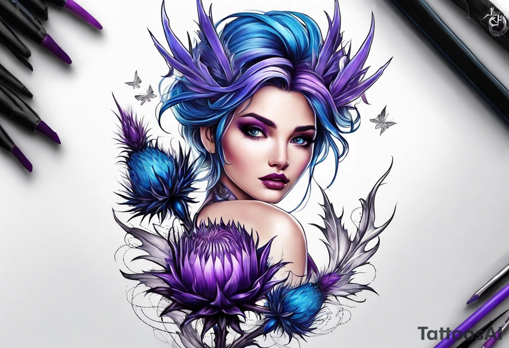 Thistle fairy purple and blue tattoo idea