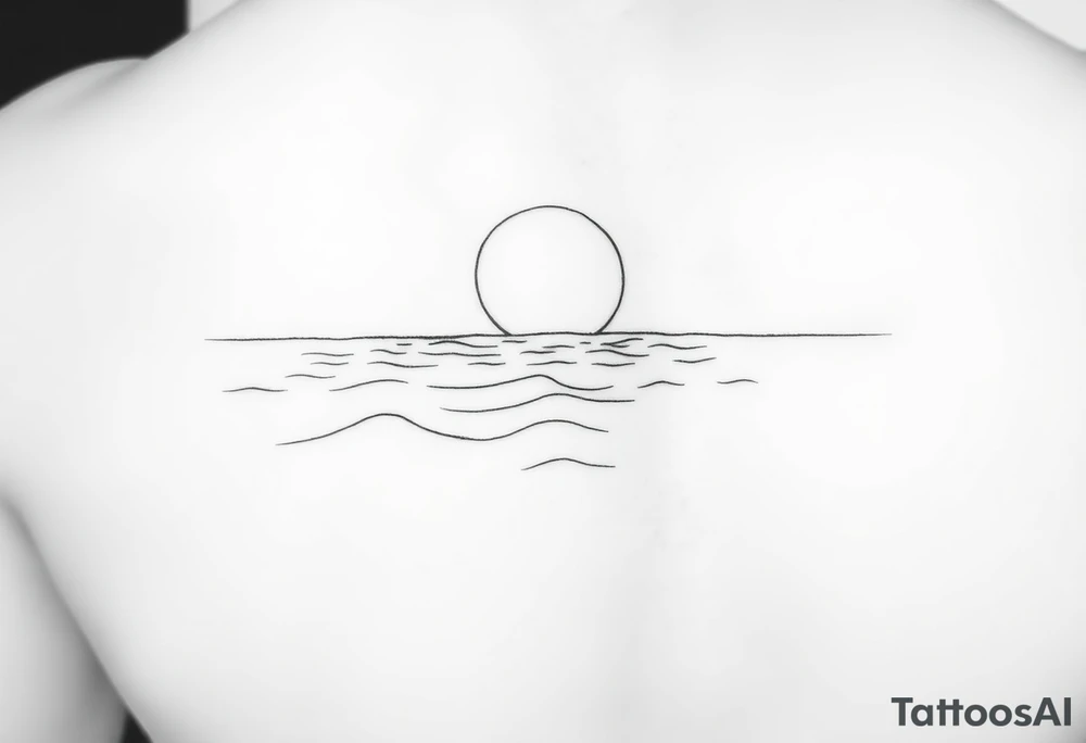 Tattoo sketch, black and white line art, marine theme. Calm sea with stylized waves, clear horizon. Above the horizon a large glowing sun or moon, with subtle Norse runes (Algiz, Raido) blended into the light. Minimalist, elegant, mythological marine atmosphere. Clean outlines, high contrast, no shading, stencil-ready, forearm tattoo design. tattoo idea