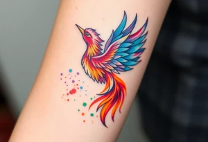 Phoenix in flames with purple, blue, orange, teal and green splashes, looking upwards with sharp eye. No outline. tattoo idea