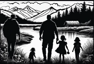 Family silhouette of a father, a mother, oldest son, middle daughter, and small daughter foraging mushrooms with mountains and creek in background tattoo idea