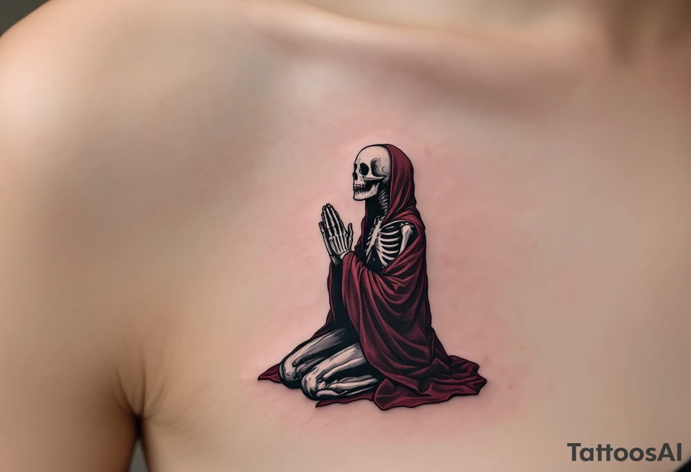 A skeleton in grayscale kneeling with hands in prayer, draped in a dark red robe, "memento mori" hovering faintly above. tattoo idea