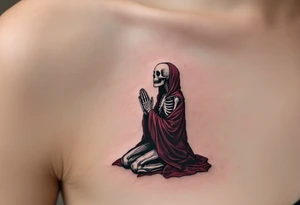 A skeleton in grayscale kneeling with hands in prayer, draped in a dark red robe, "memento mori" hovering faintly above. tattoo idea