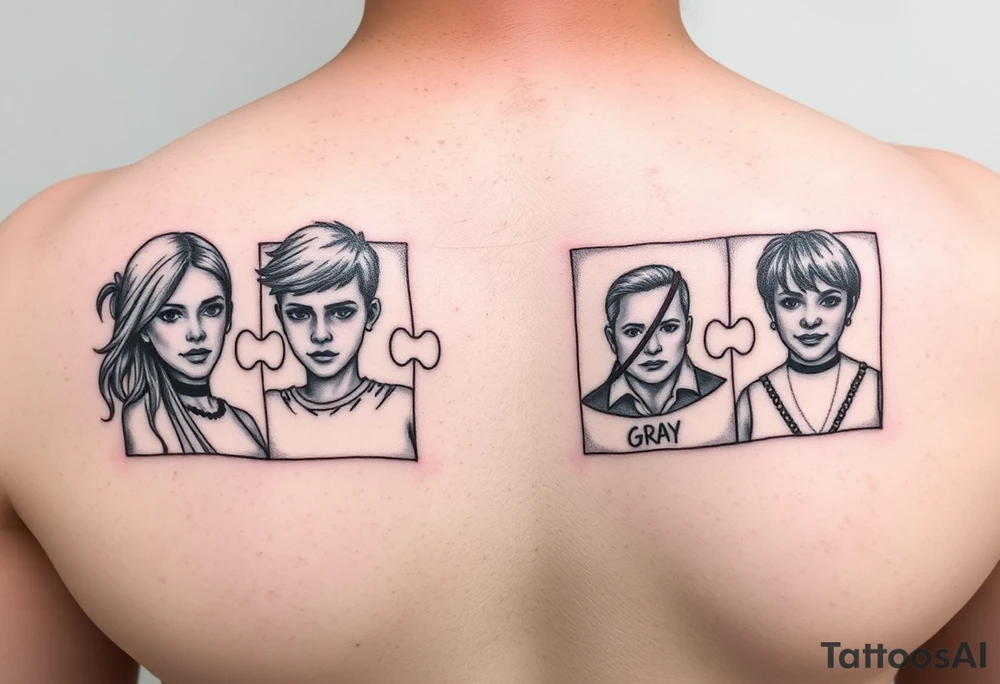 Thigh tattoo Individual Puzzle pieces of a blended family of Emily Ray Garrison Ayden Abby Gray tattoo idea