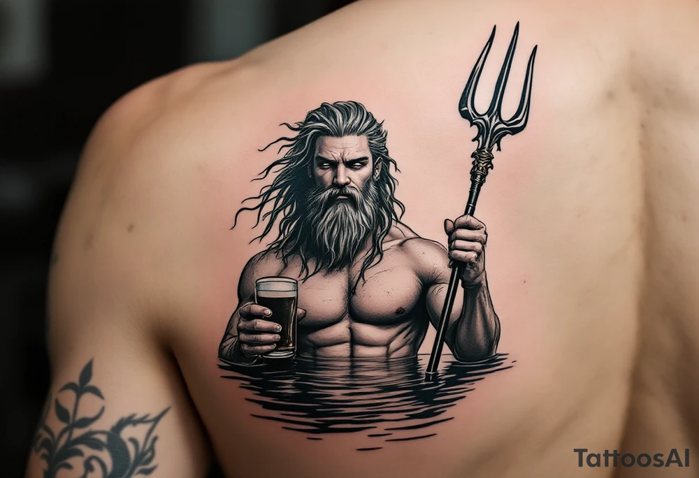 young, fit poseidon in calm water, holding a trident, holding a beer, winking tattoo idea