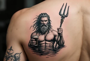 young, fit poseidon in calm water, holding a trident, holding a beer, winking tattoo idea