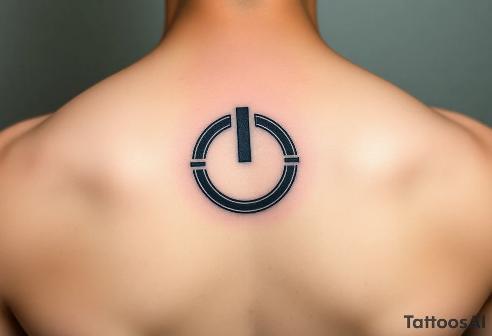 "Hyperrealistic tattoo of a PC power button (1:1 size).  
Label: 'Press to reboot universe'.  
Style: Fake 3D, like actual button on skin. Black/red." tattoo idea