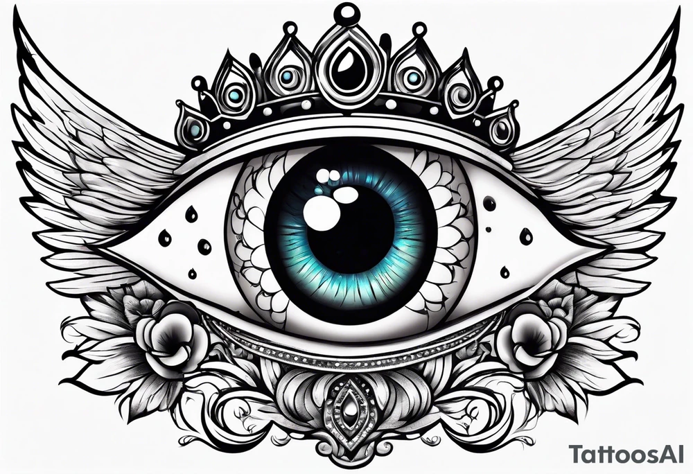 big eye with wings and crown tattoo idea