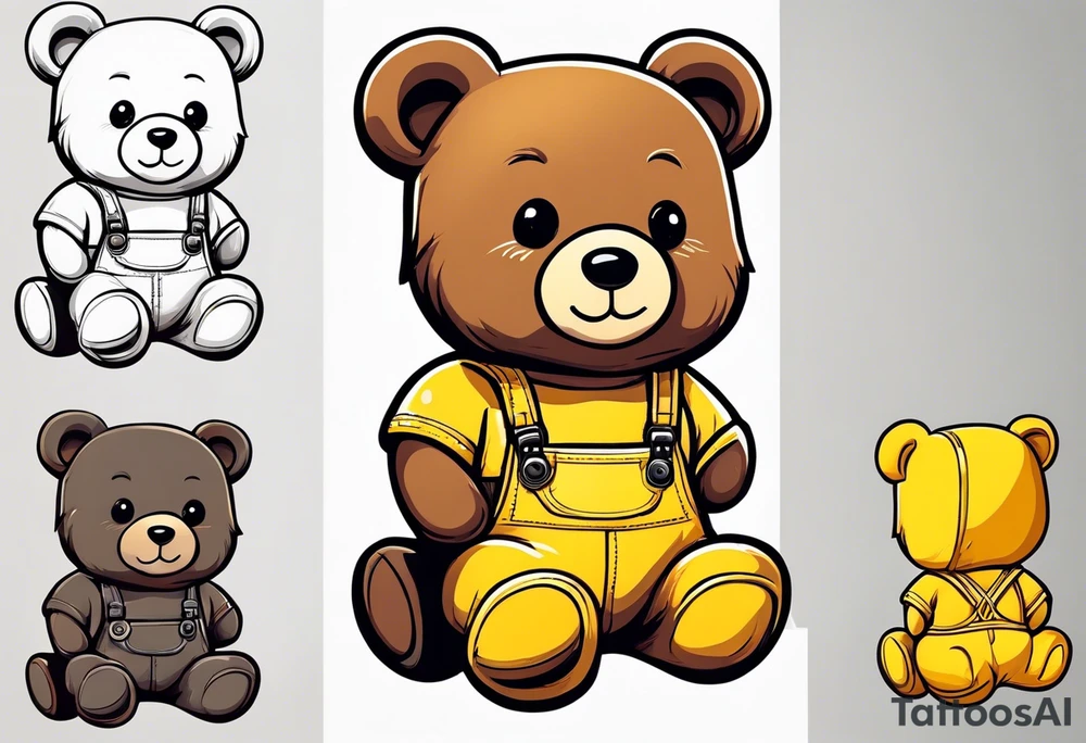 the back of a standing, skinny, brown ,
teddy bear in long, yellow overalls tattoo idea