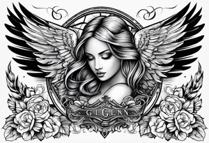 The word Glenn on a banner with angel wings tattoo idea