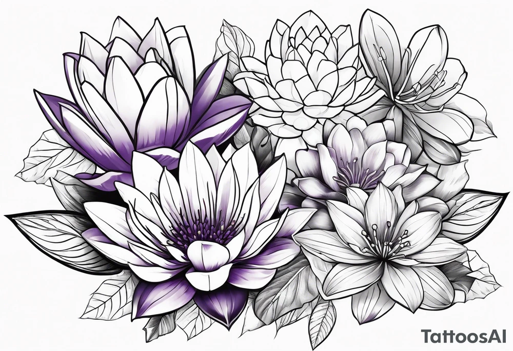 flower bouquet with 1 violet, 1 water lilly, and 1 holly tattoo idea