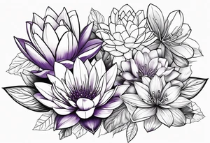 flower bouquet with 1 violet, 1 water lilly, and 1 holly tattoo idea