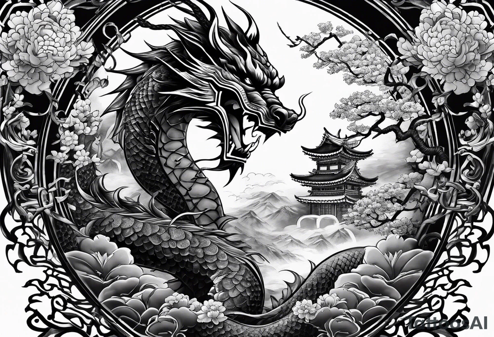 Tatto the Dragón and samurai in zen circule, tori gate tattoo idea