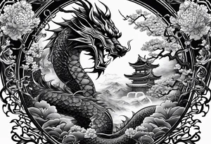 Tatto the Dragón and samurai in zen circule, tori gate tattoo idea