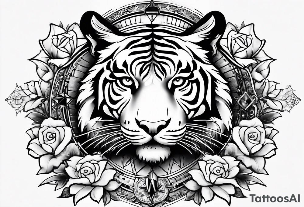 Full sleeve with compass and tiger roses tattoo idea