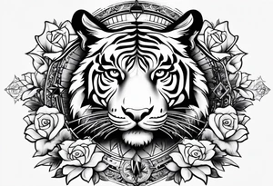 Full sleeve with compass and tiger roses tattoo idea