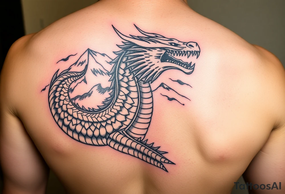 Powerfull Dacian Draco wih mountain Paring Petrosani in the background tattoo idea