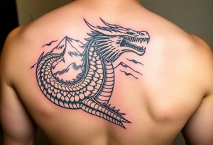 Powerfull Dacian Draco wih mountain Paring Petrosani in the background tattoo idea