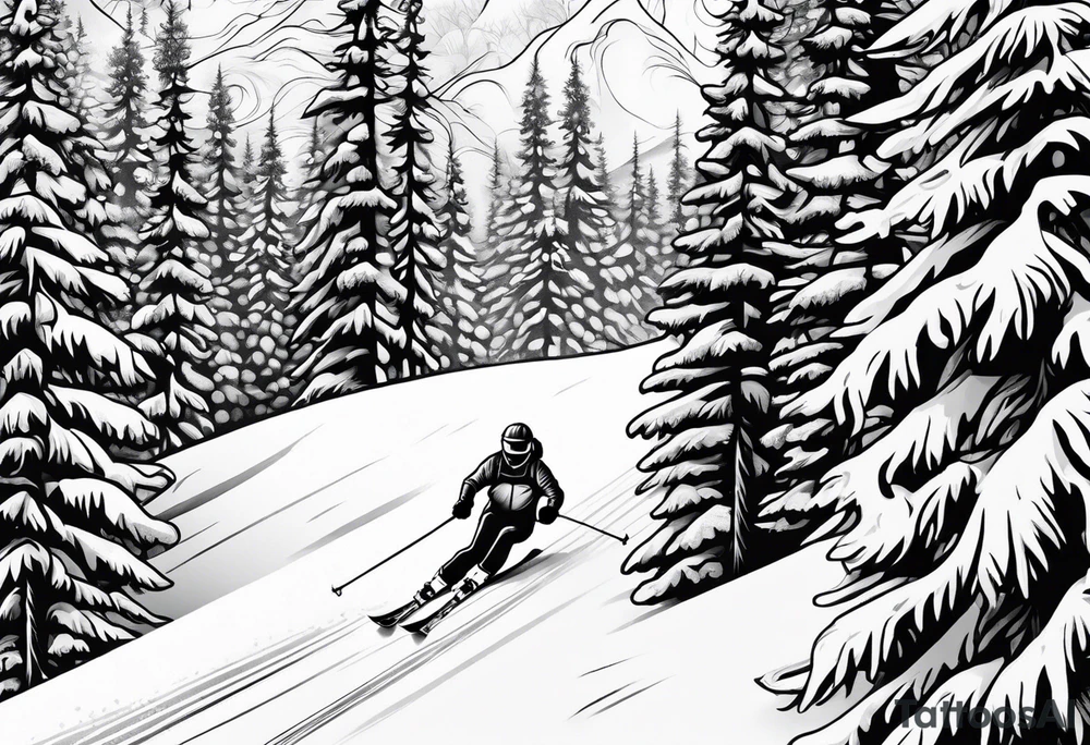 snow skier on mountain with large trees tattoo idea snow skier on mountain with large trees tattoo idea