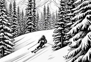 snow skier on mountain with large trees tattoo idea