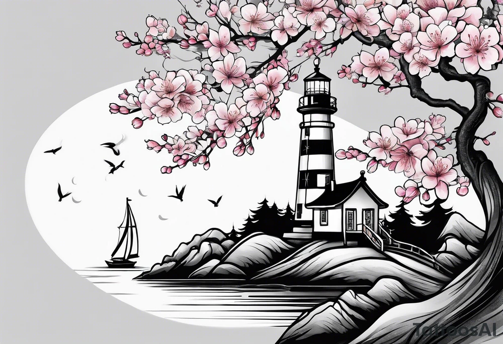 cherry blossom with lighthouse tattoo idea