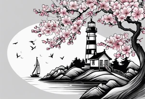 cherry blossom with lighthouse tattoo idea