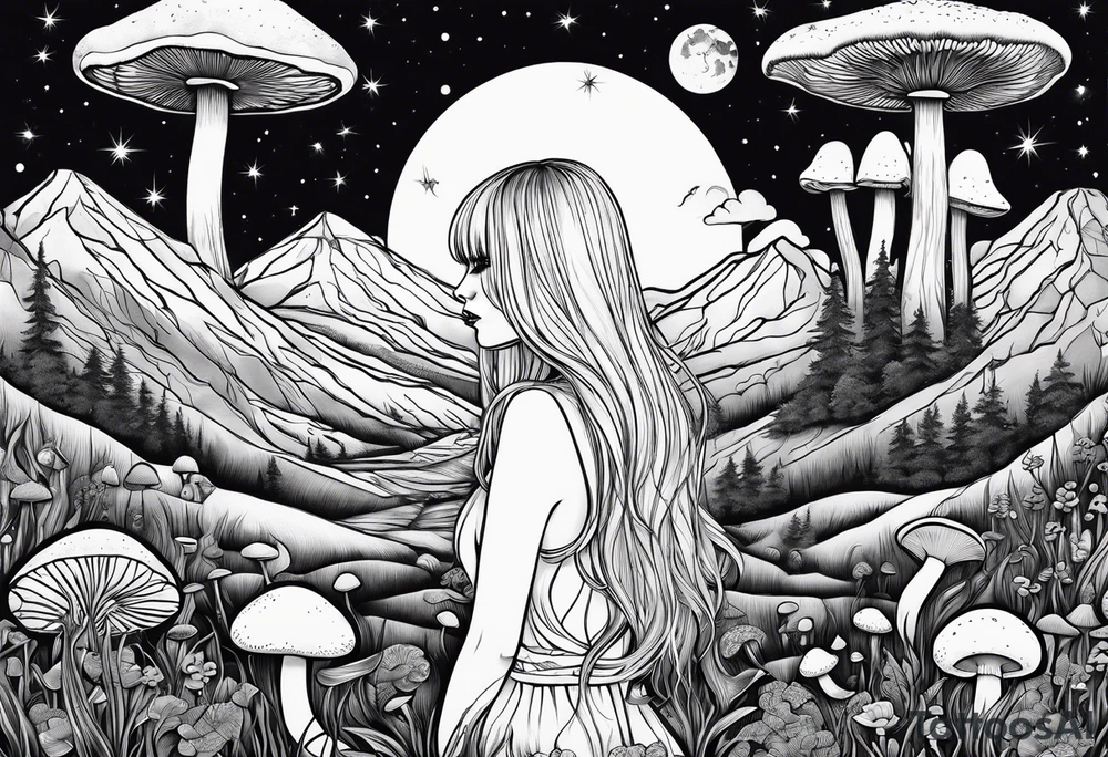 Straight blonde hair girl facing mountains surrounded by mushrooms crescent moon tattoo idea