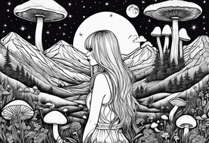 Straight blonde hair girl facing mountains surrounded by mushrooms crescent moon tattoo idea